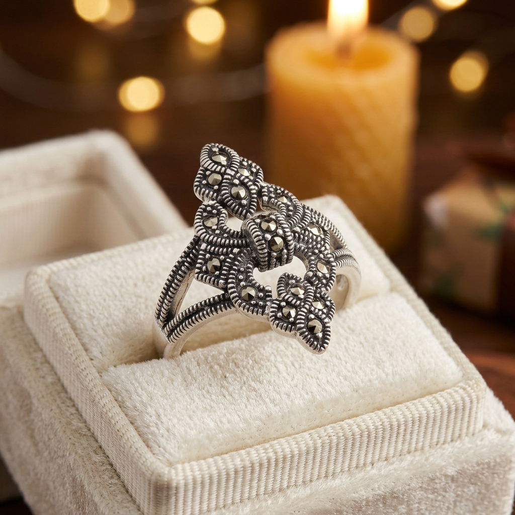 Sterling Silver 3.9mm Marcasite Fleur de Lis Cocktail Ring for Women life3