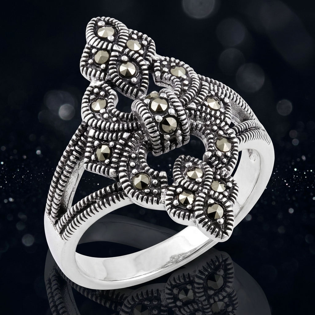Sterling Silver 3.9mm Marcasite Fleur de Lis Cocktail Ring for Women life4