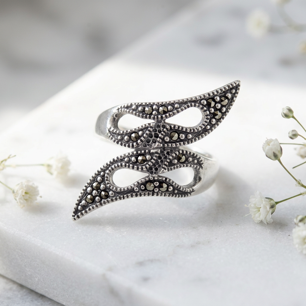 Sterling Silver Marcasite Tribal Flame Bypass Statement Ring for Women life1