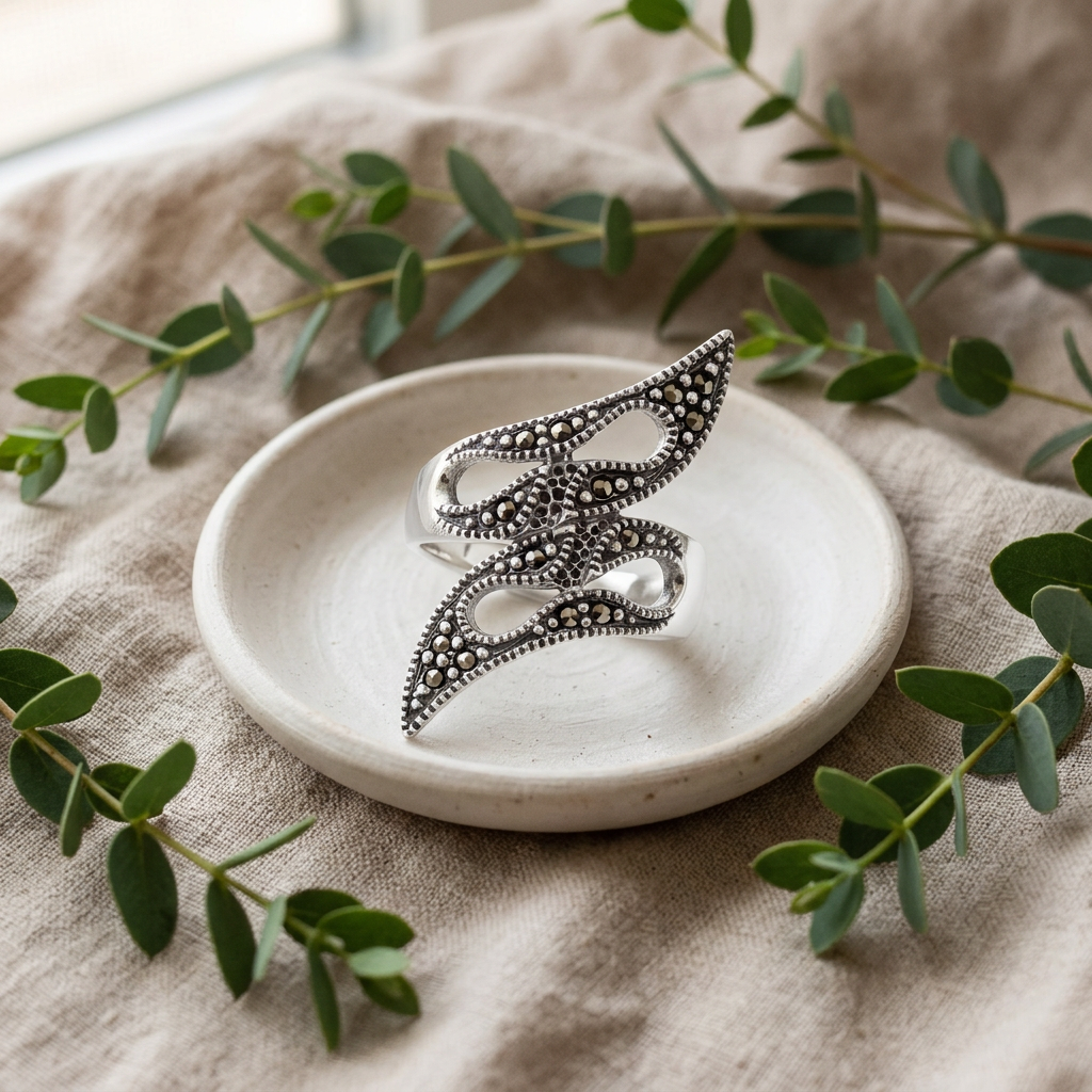 Sterling Silver Marcasite Tribal Flame Bypass Statement Ring for Women life2