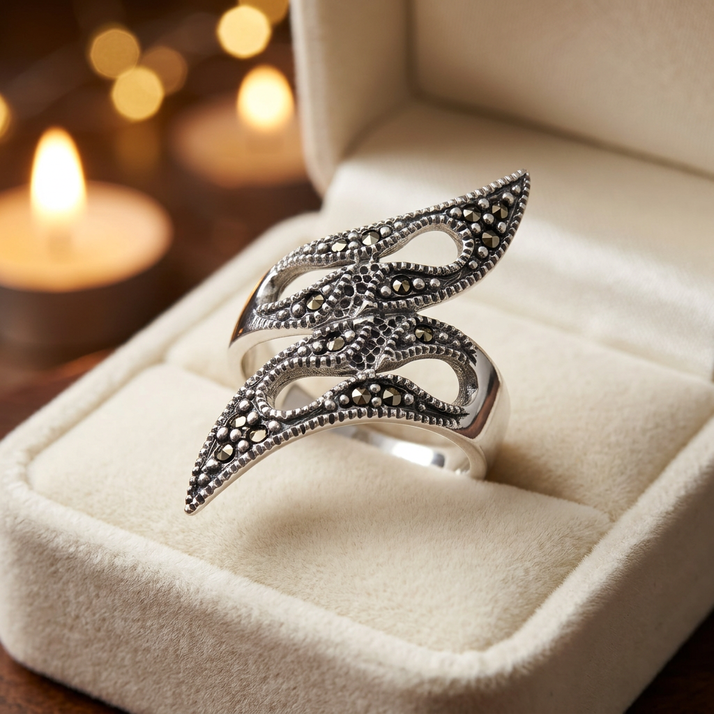 Sterling Silver Marcasite Tribal Flame Bypass Statement Ring for Women life3