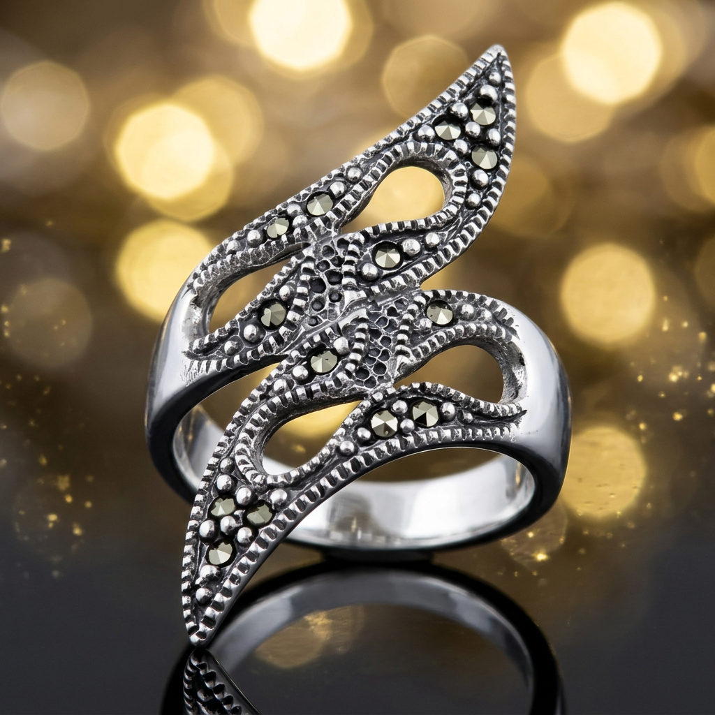 Sterling Silver Marcasite Tribal Flame Bypass Statement Ring for Women life4