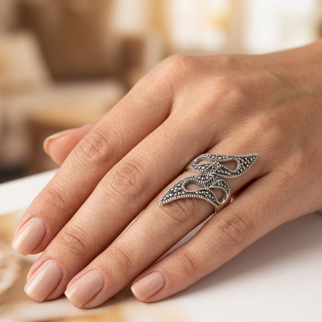 Sterling Silver Marcasite Tribal Flame Bypass Statement Ring for Women model