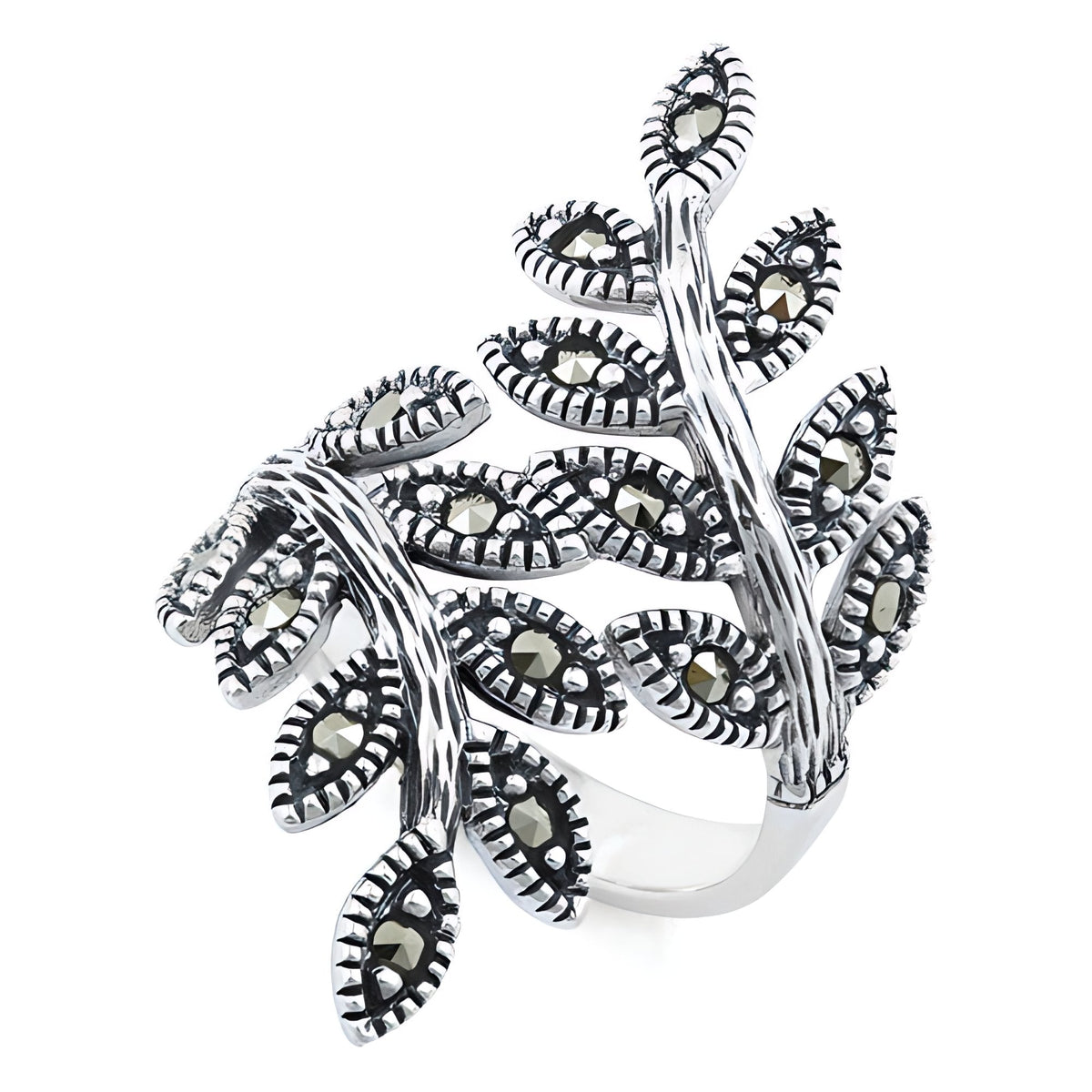 Sterling Silver 33.1mm Marcasite Double Leaf Branch Oxidized Statement Ring for Women