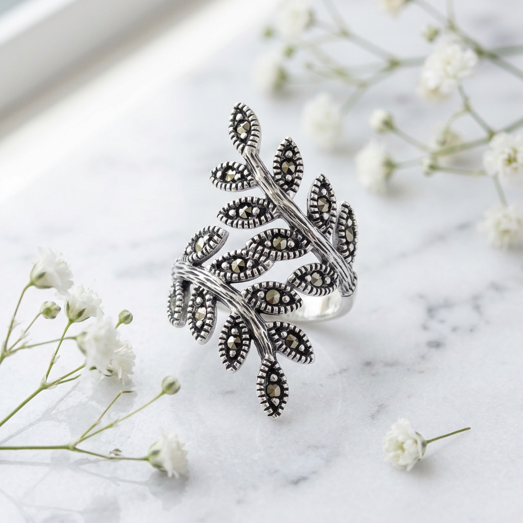 Sterling Silver 33.1mm Marcasite Double Leaf Branch Oxidized Statement Ring for Women life1