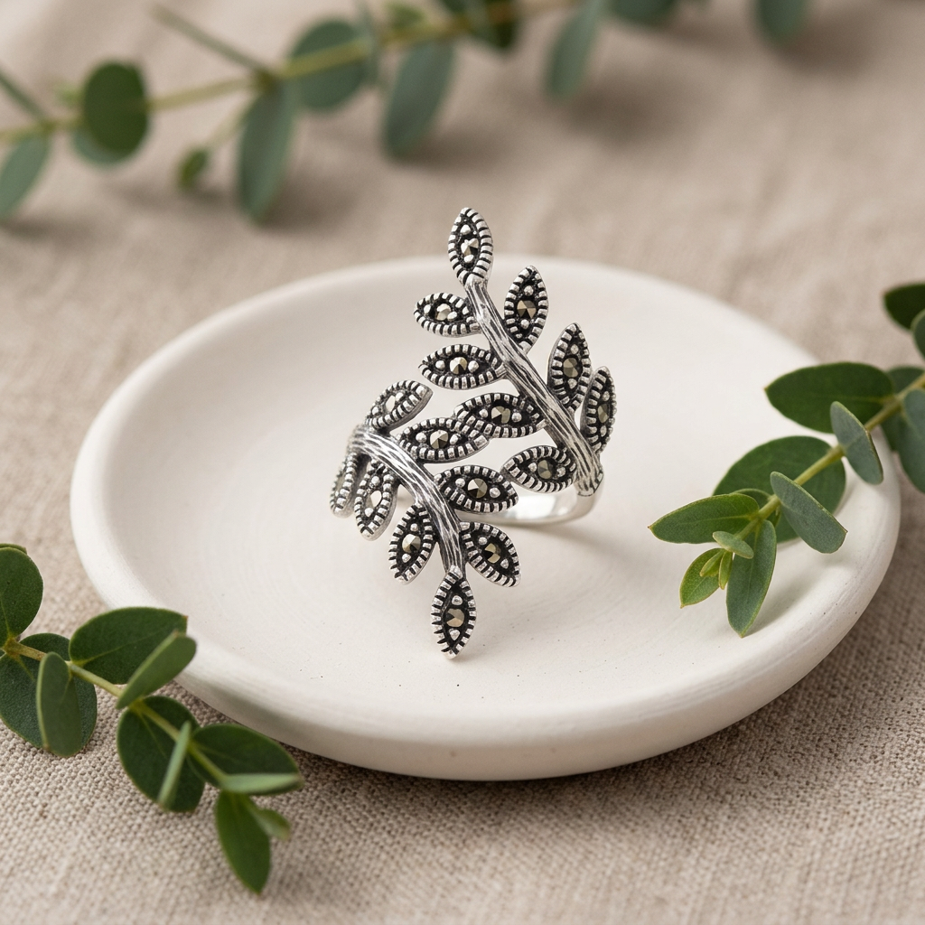 Sterling Silver 33.1mm Marcasite Double Leaf Branch Oxidized Statement Ring for Women life2