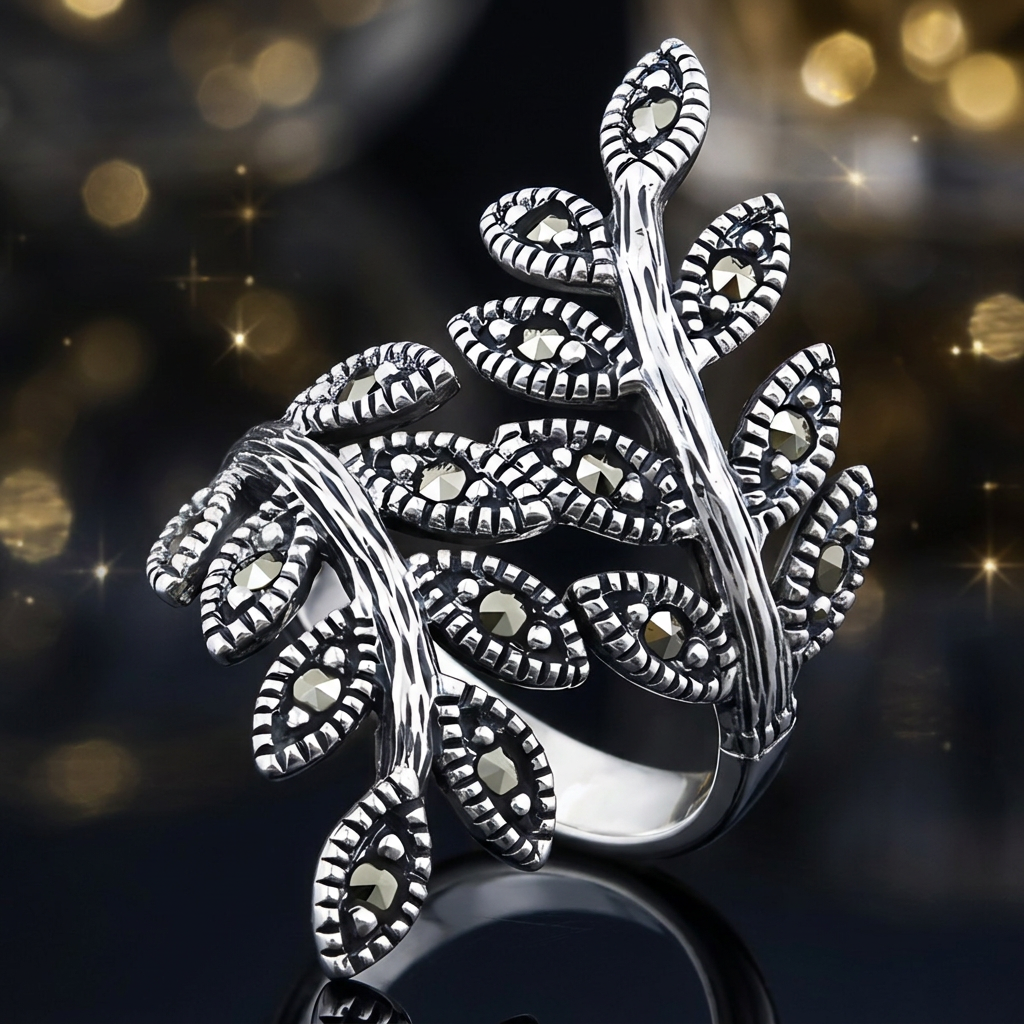 Sterling Silver 33.1mm Marcasite Double Leaf Branch Oxidized Statement Ring for Women life4