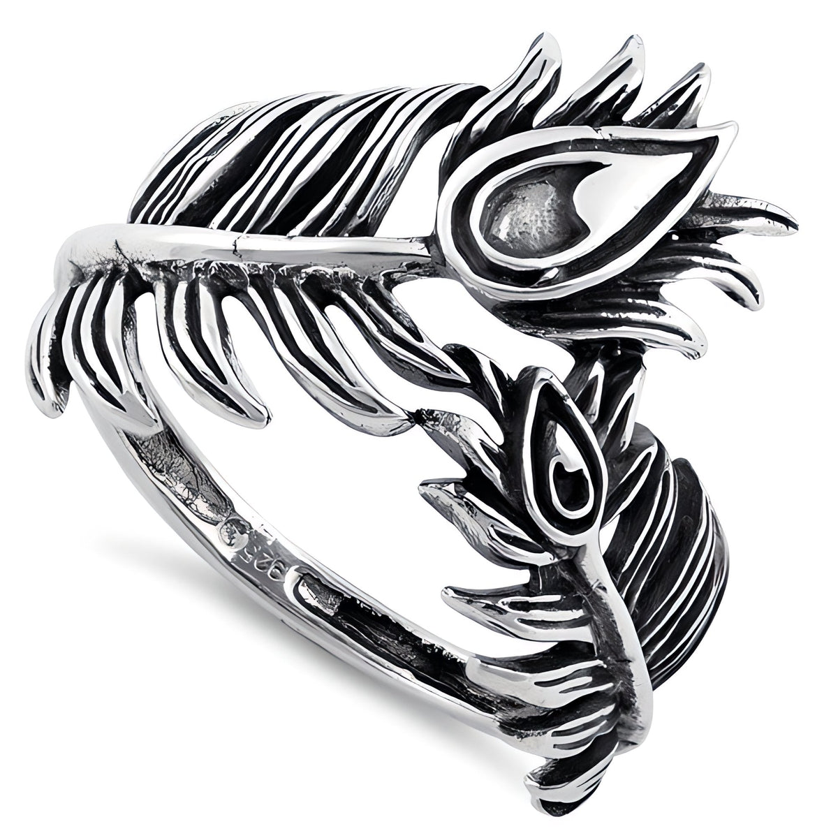 Sterling Silver 13.4mm Oxidized Double Peacock Feather Bypass Ring for Women