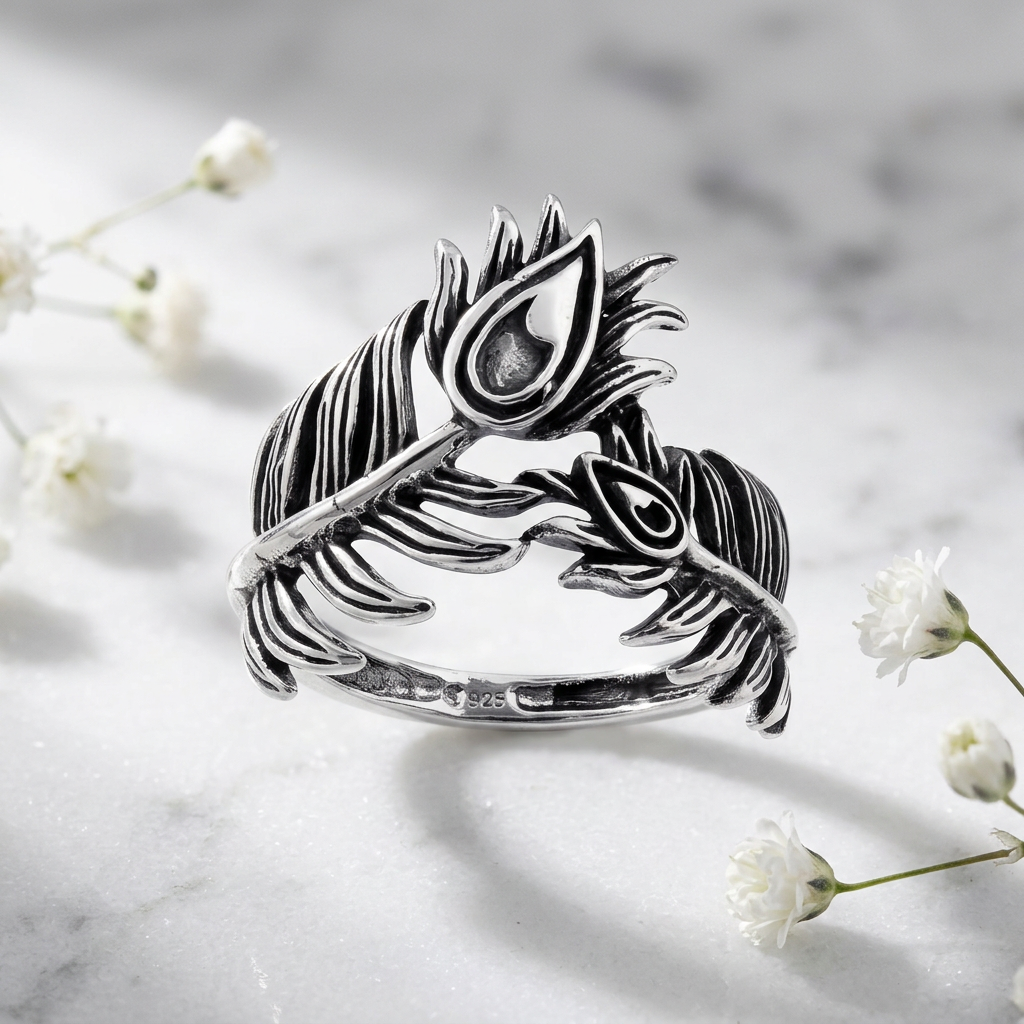 Sterling Silver 13.4mm Oxidized Double Peacock Feather Bypass Ring for Women life1