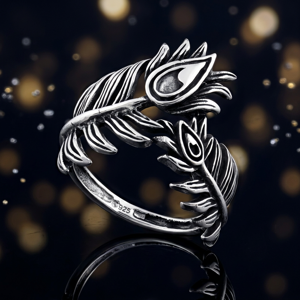 Sterling Silver 13.4mm Oxidized Double Peacock Feather Bypass Ring for Women life4