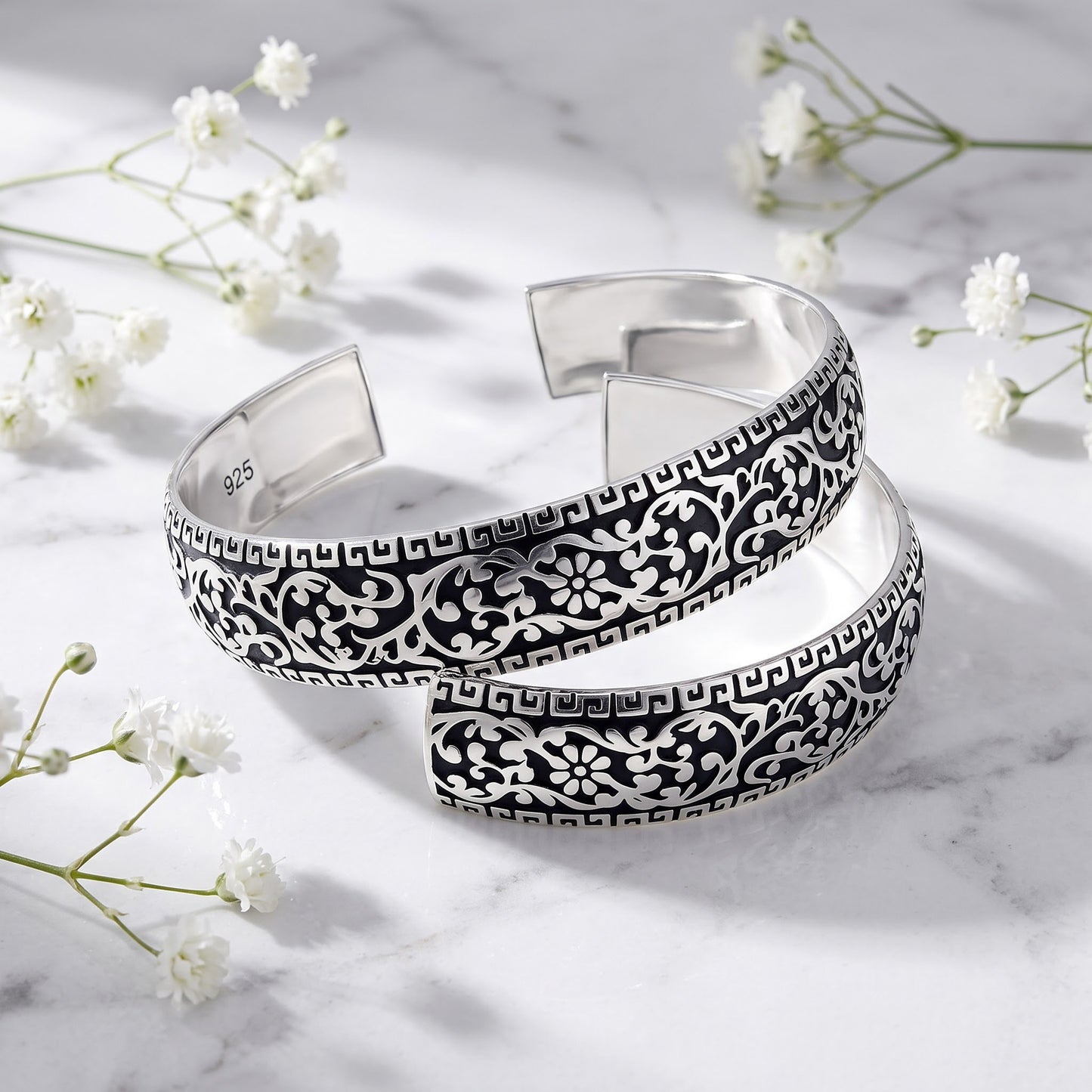 Sterling Silver Flower Garden Bangle Bracelet for Women, Elegant Statement Gift view 1