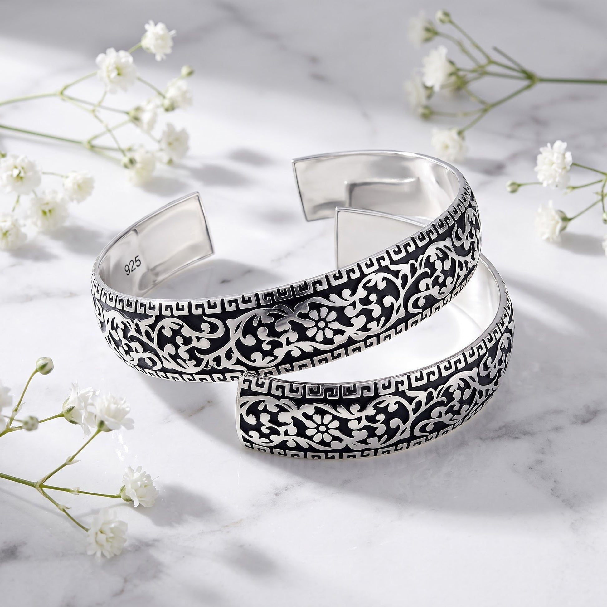 Sterling Silver Flower Garden Bangle Bracelet for Women, Elegant Statement Gift view 1