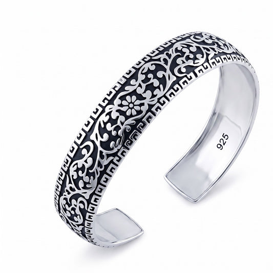 Sterling Silver Flower Garden Bangle Bracelet for Women, Elegant Statement Gift