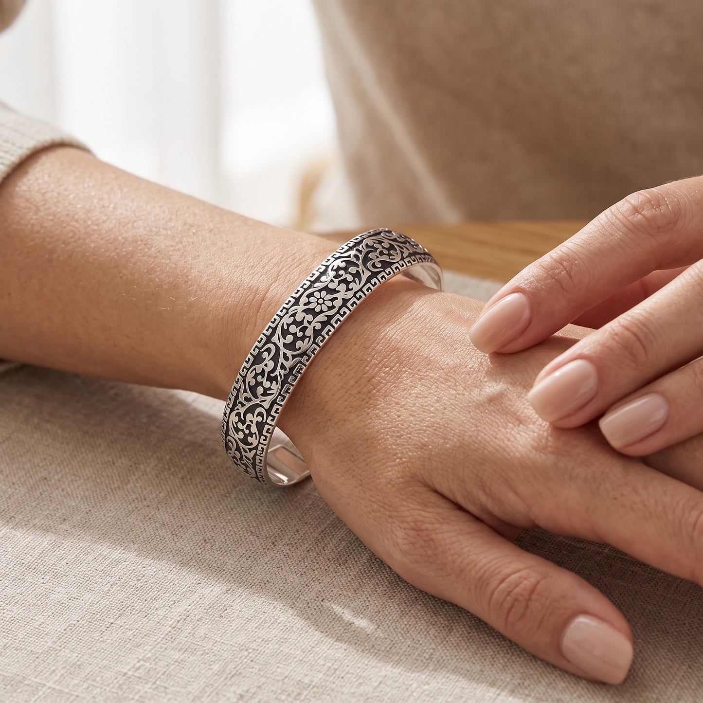 Sterling Silver Flower Garden Bangle Bracelet for Women, Elegant Statement Gift view 4