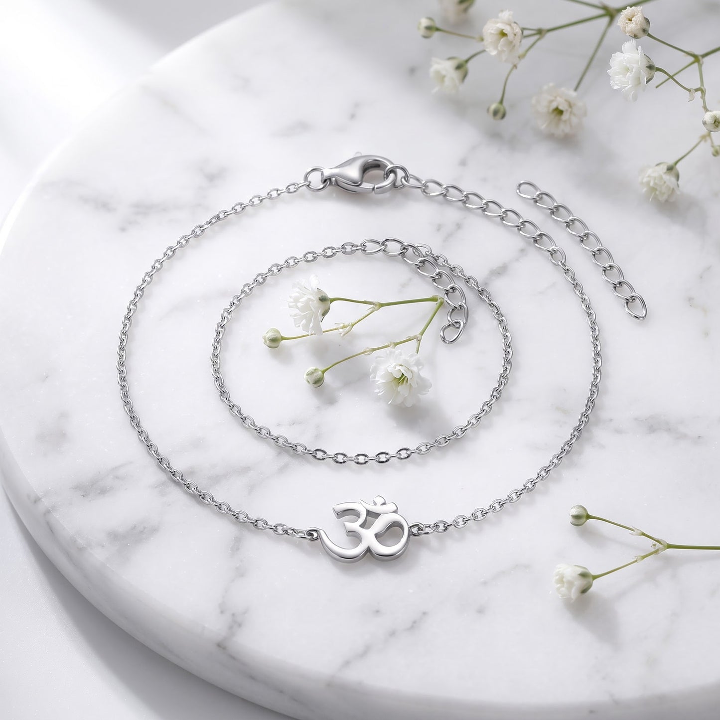 Sterling Silver Om Bracelet for Women, Chain Link, Dainty Everyday Jewelry Gift view 1