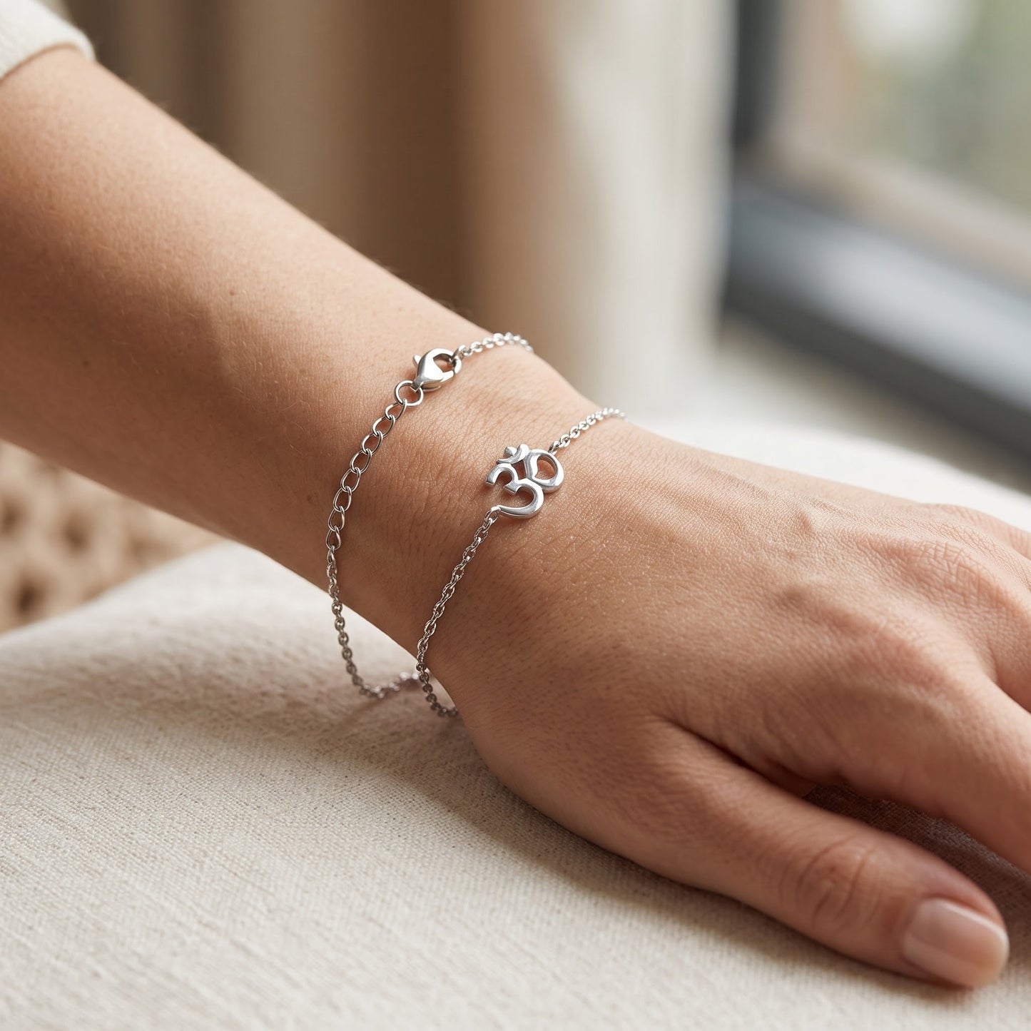 Sterling Silver Om Bracelet for Women, Chain Link, Dainty Everyday Jewelry Gift view 4