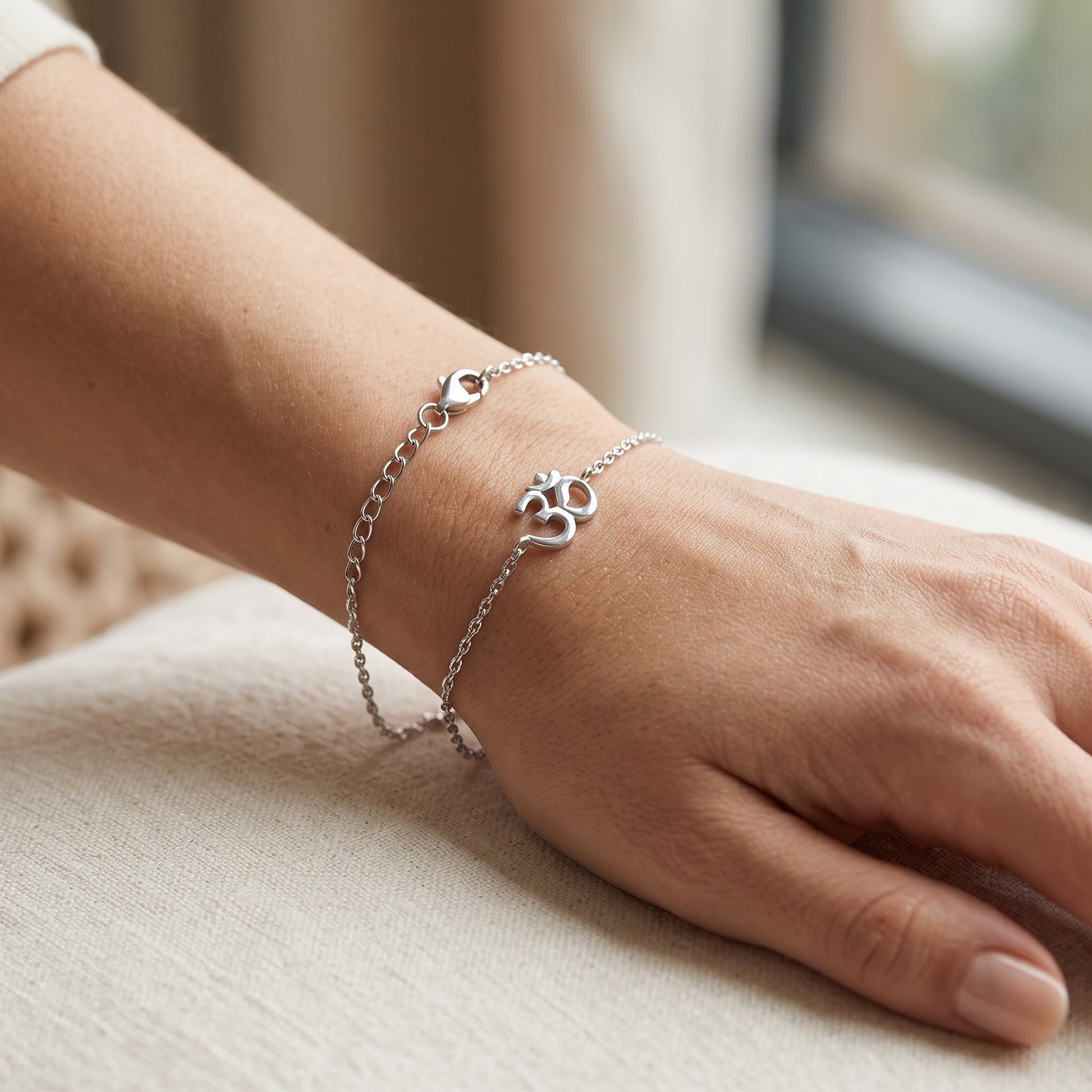 Sterling Silver Om Bracelet for Women, Chain Link, Dainty Everyday Jewelry Gift view 4