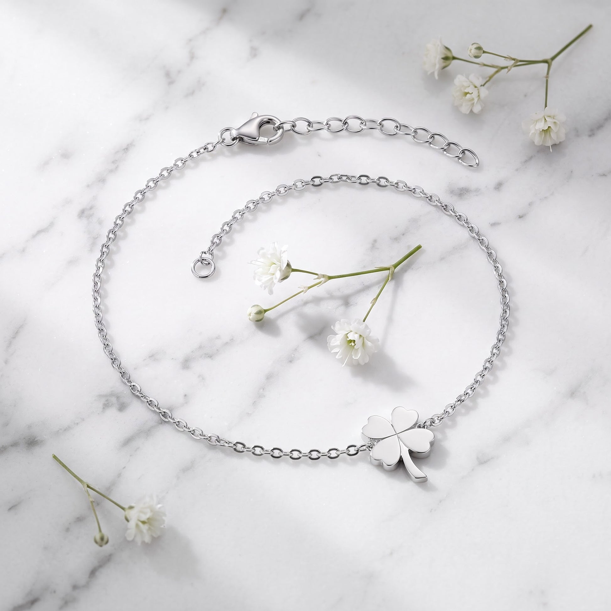 Sterling Silver Four-Leaf Clover Bracelet for Women, Chain Link, Dainty Everyday Jewelry Gift view 1