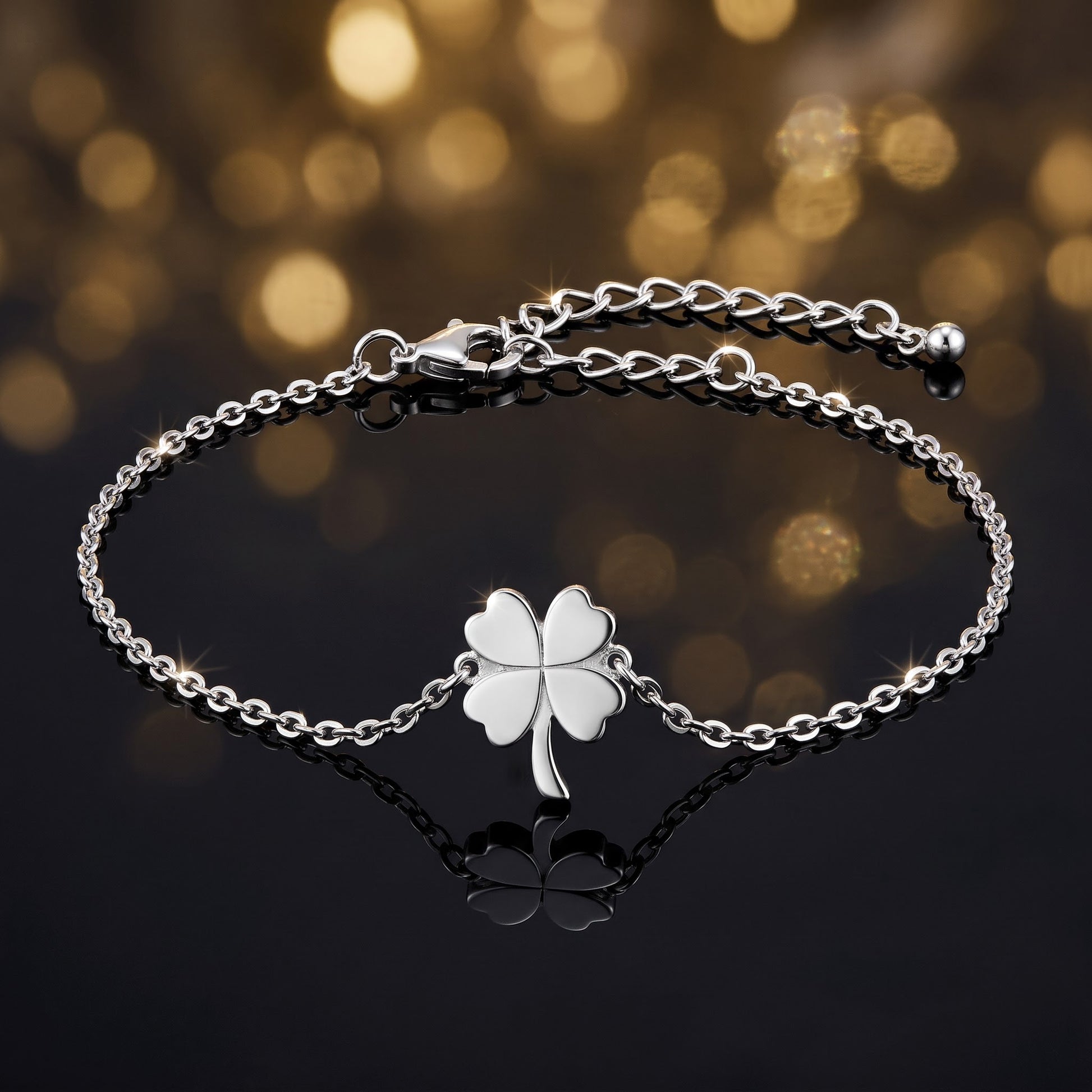 Sterling Silver Four-Leaf Clover Bracelet for Women, Chain Link, Dainty Everyday Jewelry Gift view 3