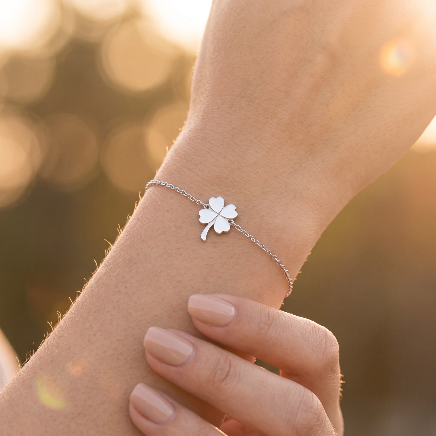 Sterling Silver Four-Leaf Clover Bracelet for Women, Chain Link, Dainty Everyday Jewelry Gift view 4