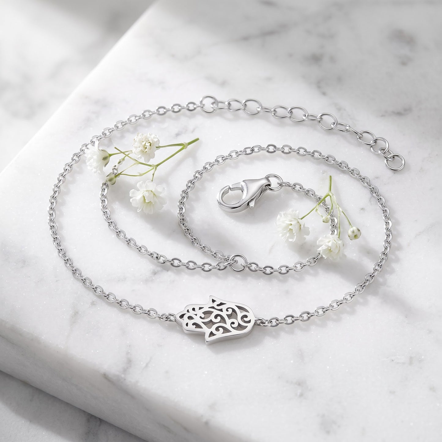 Sterling Silver Hamsa Bracelet for Women, Chain Link, Dainty Everyday Jewelry Gift view 1