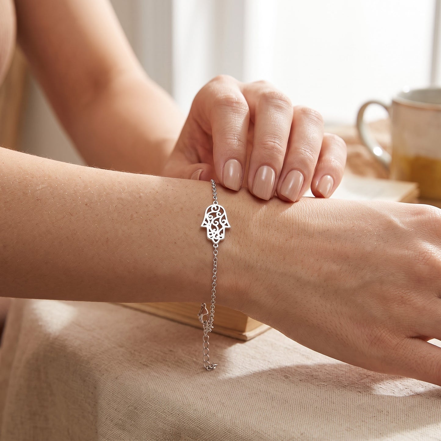 Sterling Silver Hamsa Bracelet for Women, Chain Link, Dainty Everyday Jewelry Gift view 4