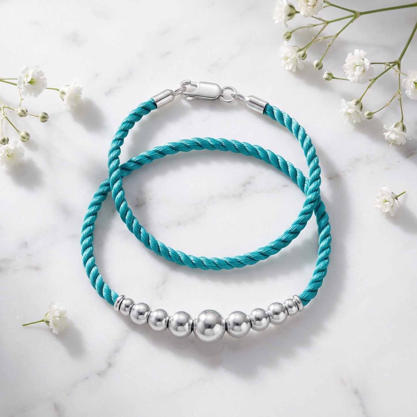 Sterling Silver Beads Turquoise Silk Rope Bracelet for Women, Dainty Everyday Jewelry Gift view 1