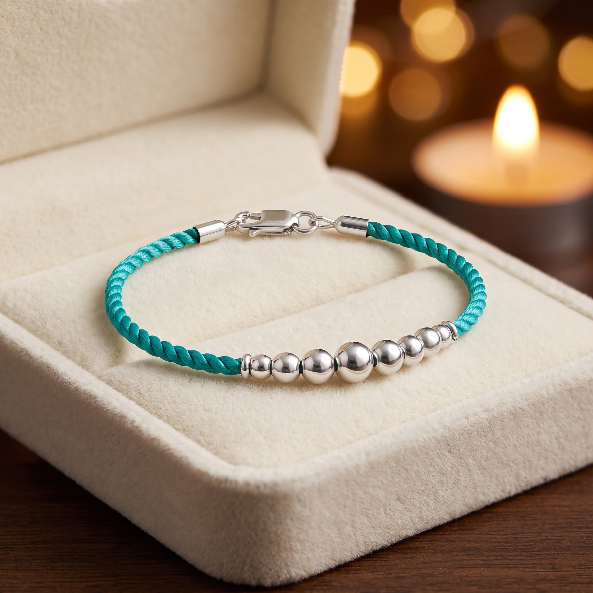 Sterling Silver Beads Turquoise Silk Rope Bracelet for Women, Dainty Everyday Jewelry Gift view 2