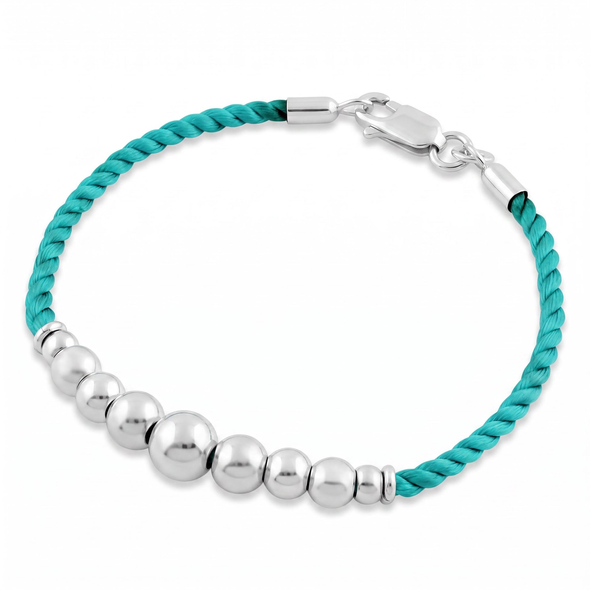 Sterling Silver Beads Turquoise Silk Rope Bracelet for Women, Dainty Everyday Jewelry Gift