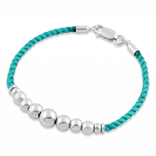 Sterling Silver Beads Turquoise Silk Rope Bracelet for Women, Dainty Everyday Jewelry Gift