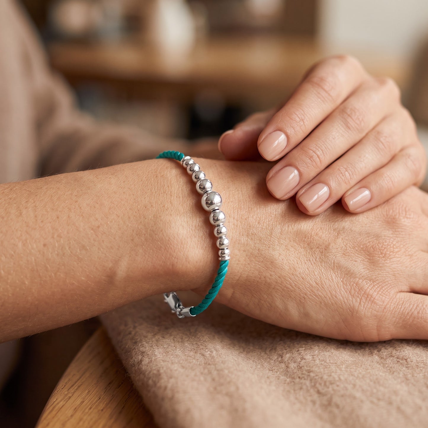 Sterling Silver Beads Turquoise Silk Rope Bracelet for Women, Dainty Everyday Jewelry Gift view 4