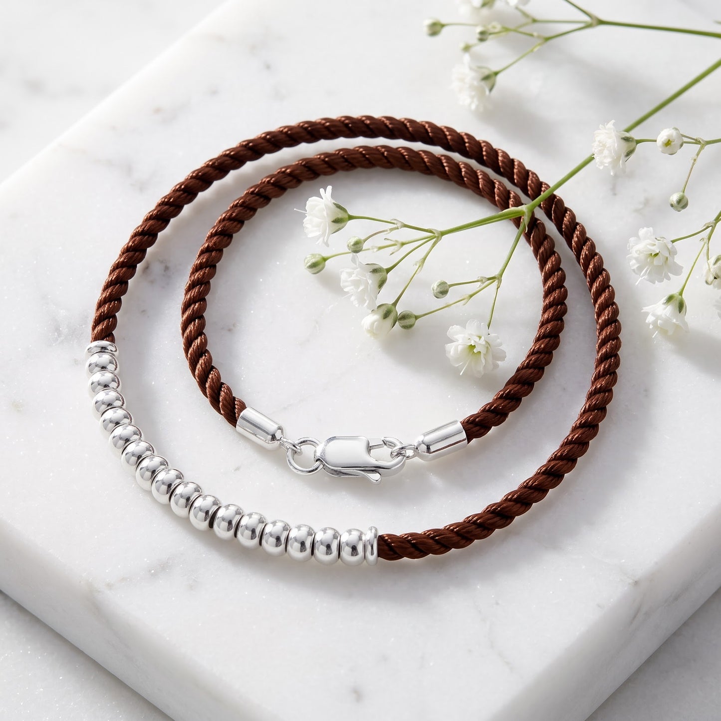 Sterling Silver Half Beads Brown Silk Rope Bracelet for Women, Dainty Everyday Jewelry Gift view 1