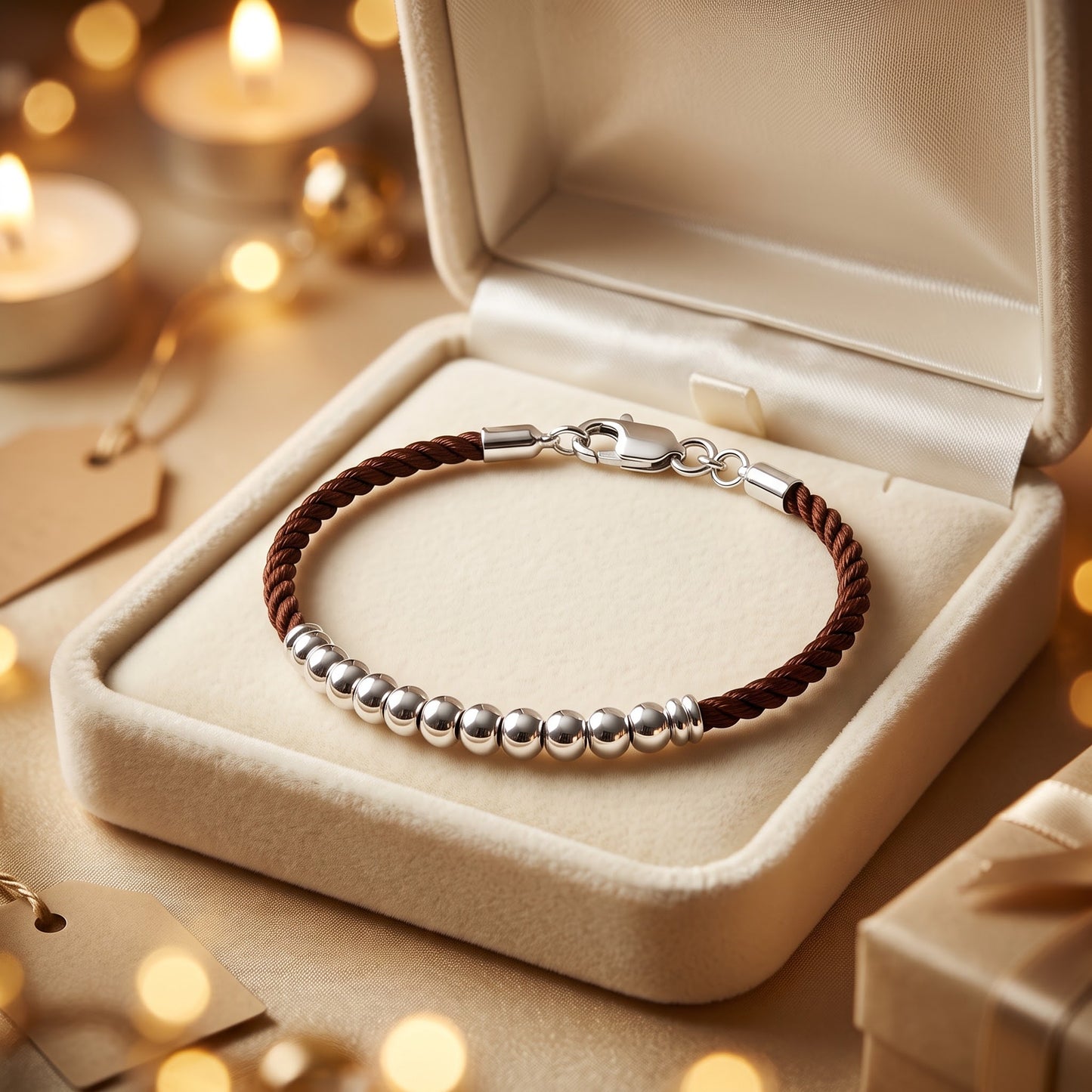 Sterling Silver Half Beads Brown Silk Rope Bracelet for Women, Dainty Everyday Jewelry Gift view 2