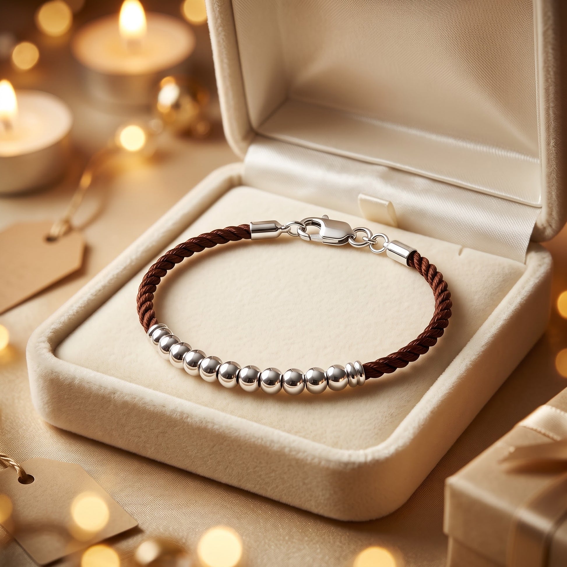 Sterling Silver Half Beads Brown Silk Rope Bracelet for Women, Dainty Everyday Jewelry Gift view 2
