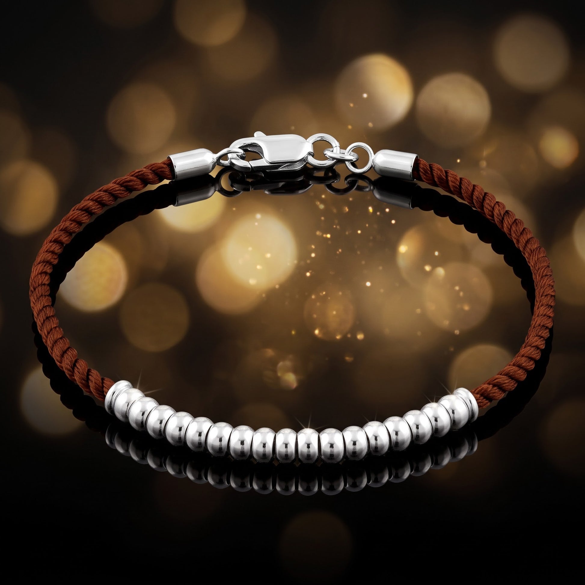 Sterling Silver Half Beads Brown Silk Rope Bracelet for Women, Dainty Everyday Jewelry Gift view 3