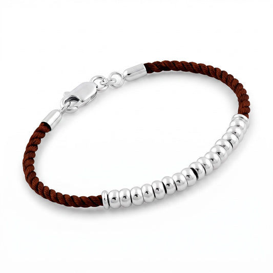 Sterling Silver Half Beads Brown Silk Rope Bracelet for Women, Dainty Everyday Jewelry Gift