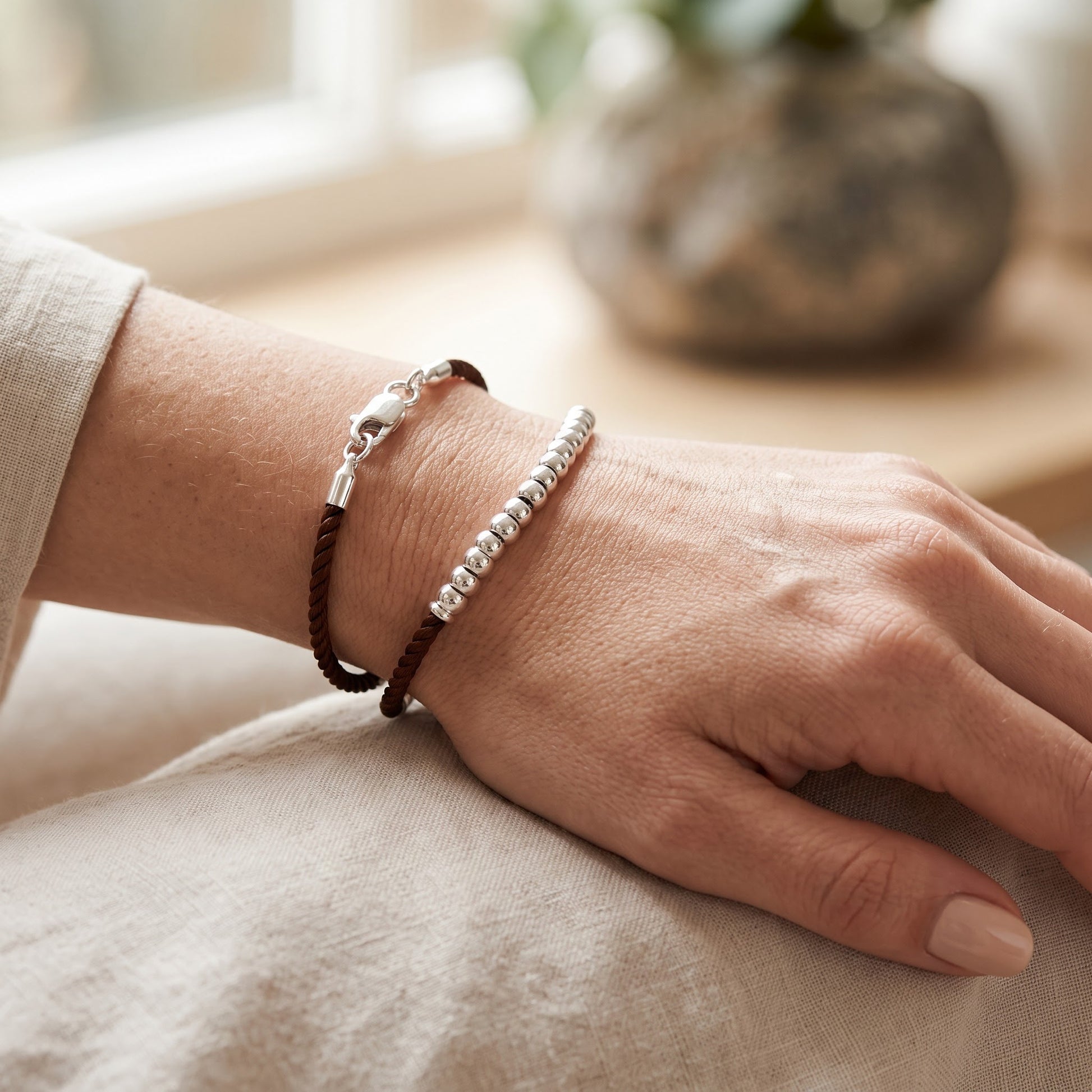 Sterling Silver Half Beads Brown Silk Rope Bracelet for Women, Dainty Everyday Jewelry Gift view 4