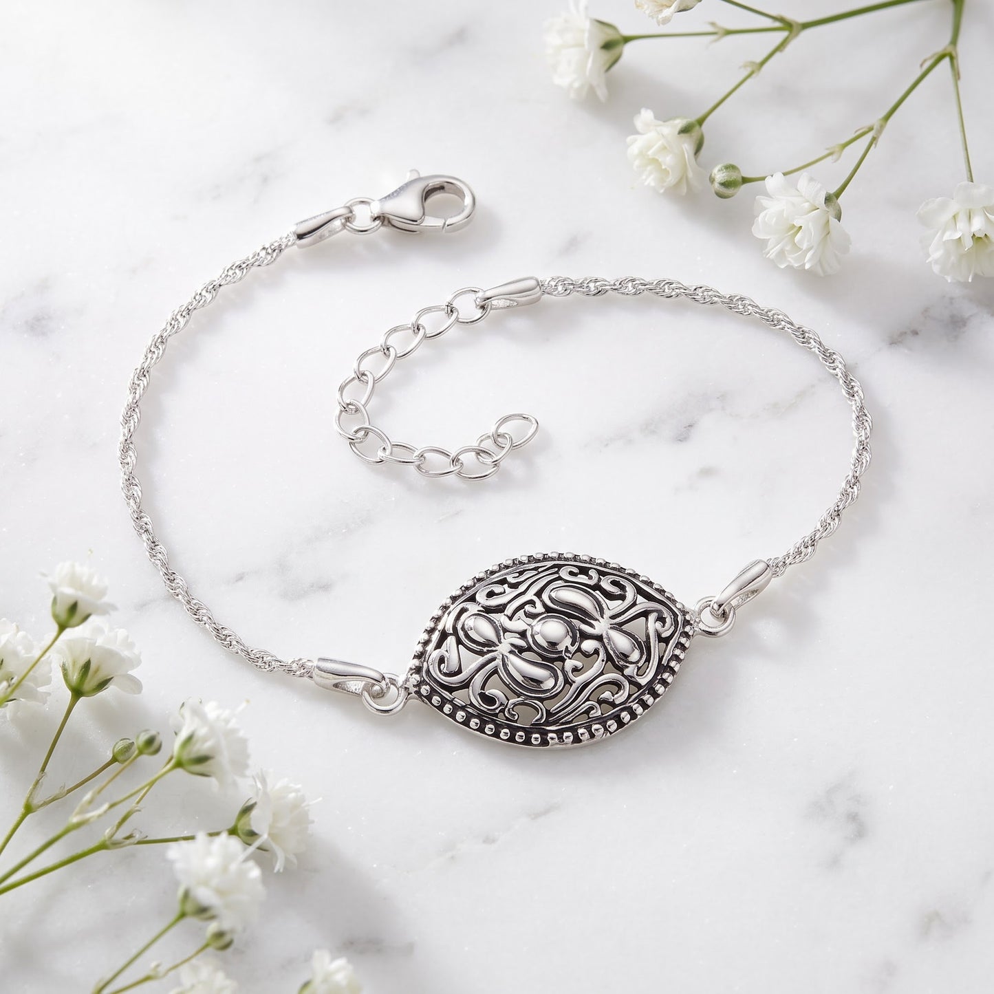 Sterling Silver Vintage Curve Pattern Marquise Bracelet for Women, Chain Link, Dainty Everyday Jewelry Gift view 1
