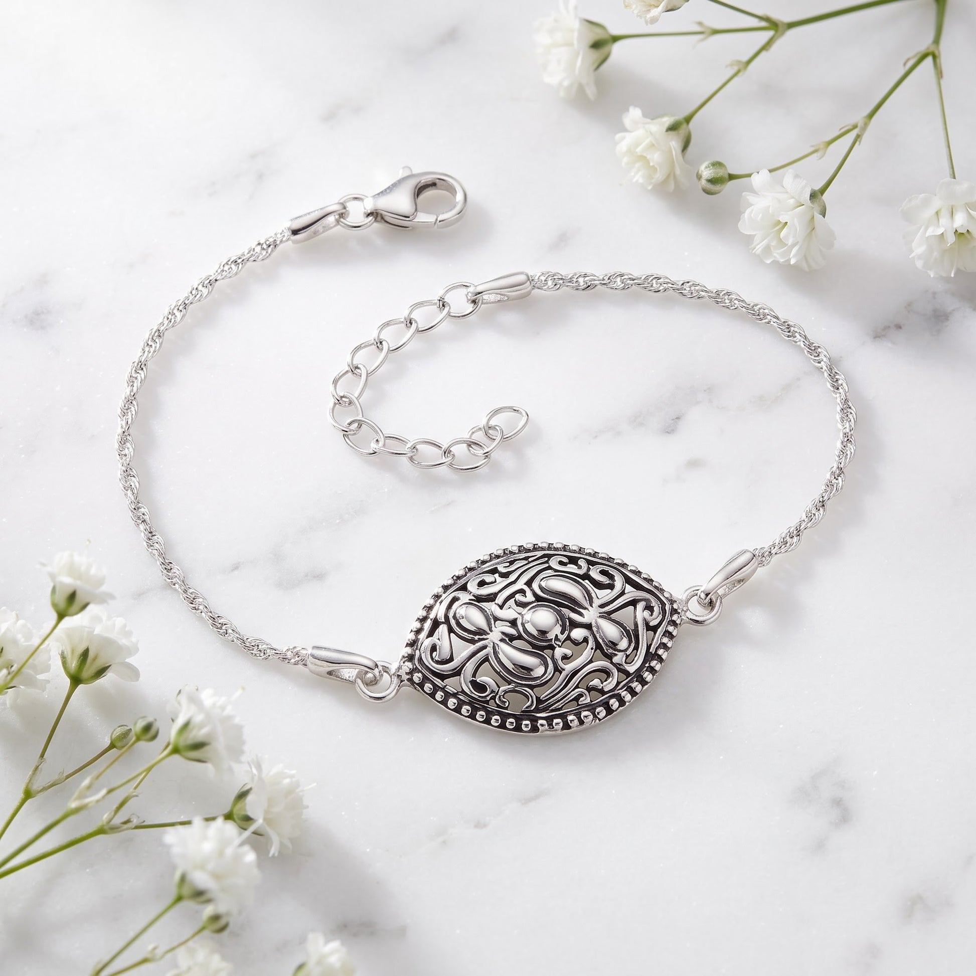 Sterling Silver Vintage Curve Pattern Marquise Bracelet for Women, Chain Link, Dainty Everyday Jewelry Gift view 1