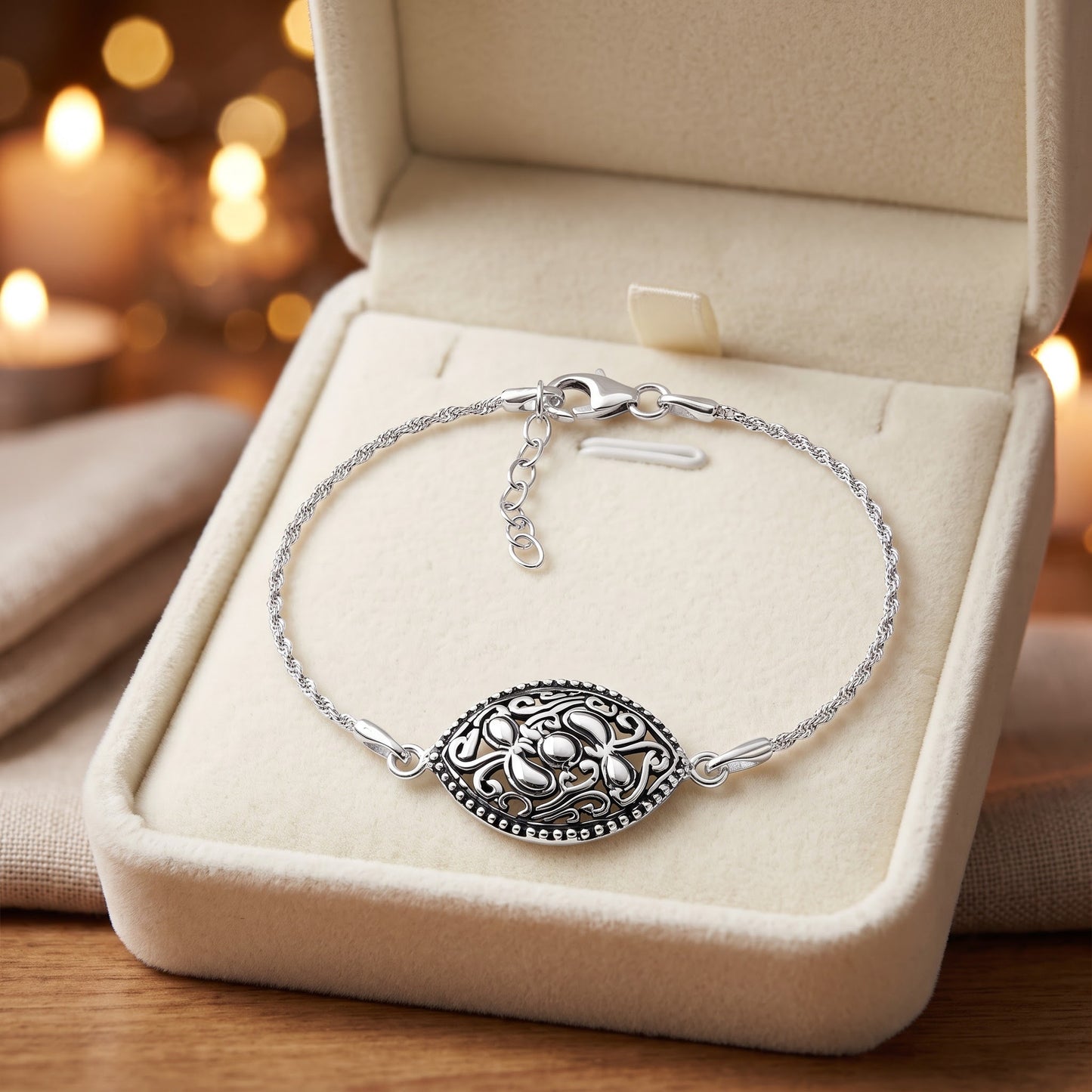 Sterling Silver Vintage Curve Pattern Marquise Bracelet for Women, Chain Link, Dainty Everyday Jewelry Gift view 2