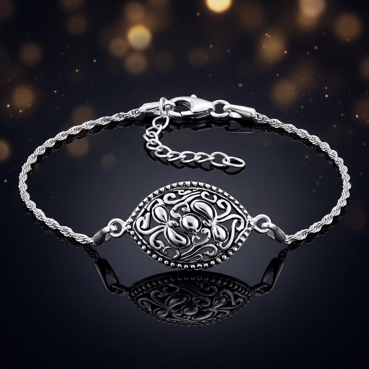 Sterling Silver Vintage Curve Pattern Marquise Bracelet for Women, Chain Link, Dainty Everyday Jewelry Gift view 3