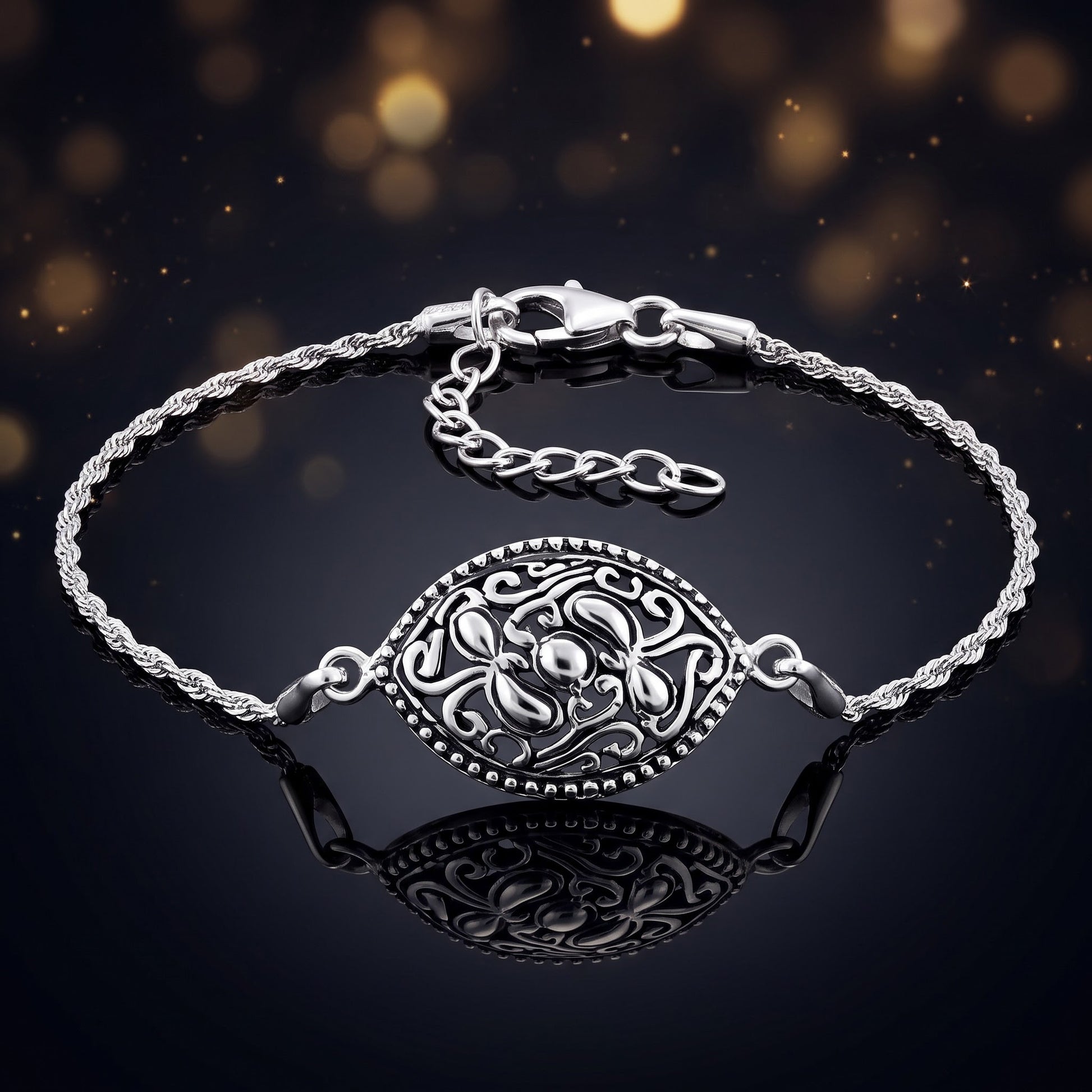 Sterling Silver Vintage Curve Pattern Marquise Bracelet for Women, Chain Link, Dainty Everyday Jewelry Gift view 3