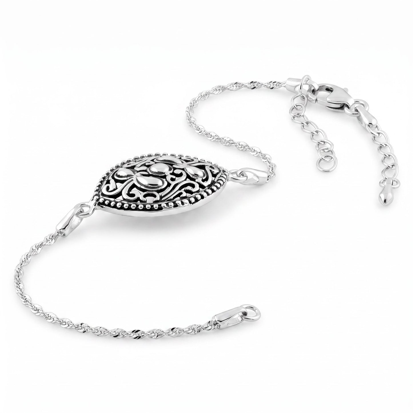 Sterling Silver Vintage Curve Pattern Marquise Bracelet for Women, Chain Link, Dainty Everyday Jewelry Gift