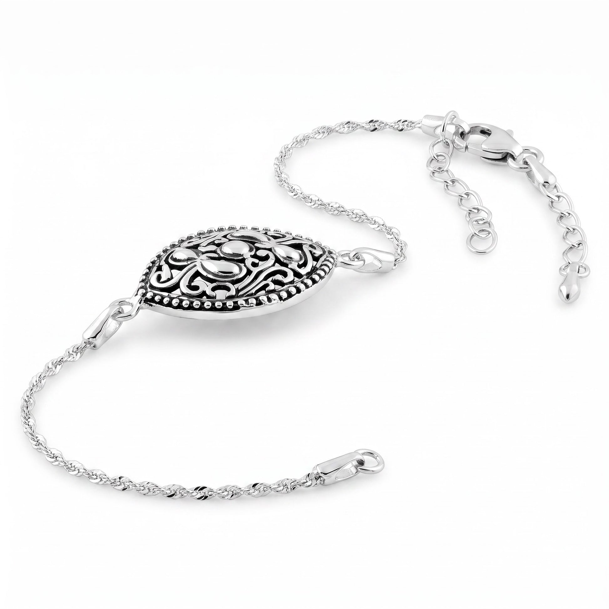 Sterling Silver Vintage Curve Pattern Marquise Bracelet for Women, Chain Link, Dainty Everyday Jewelry Gift