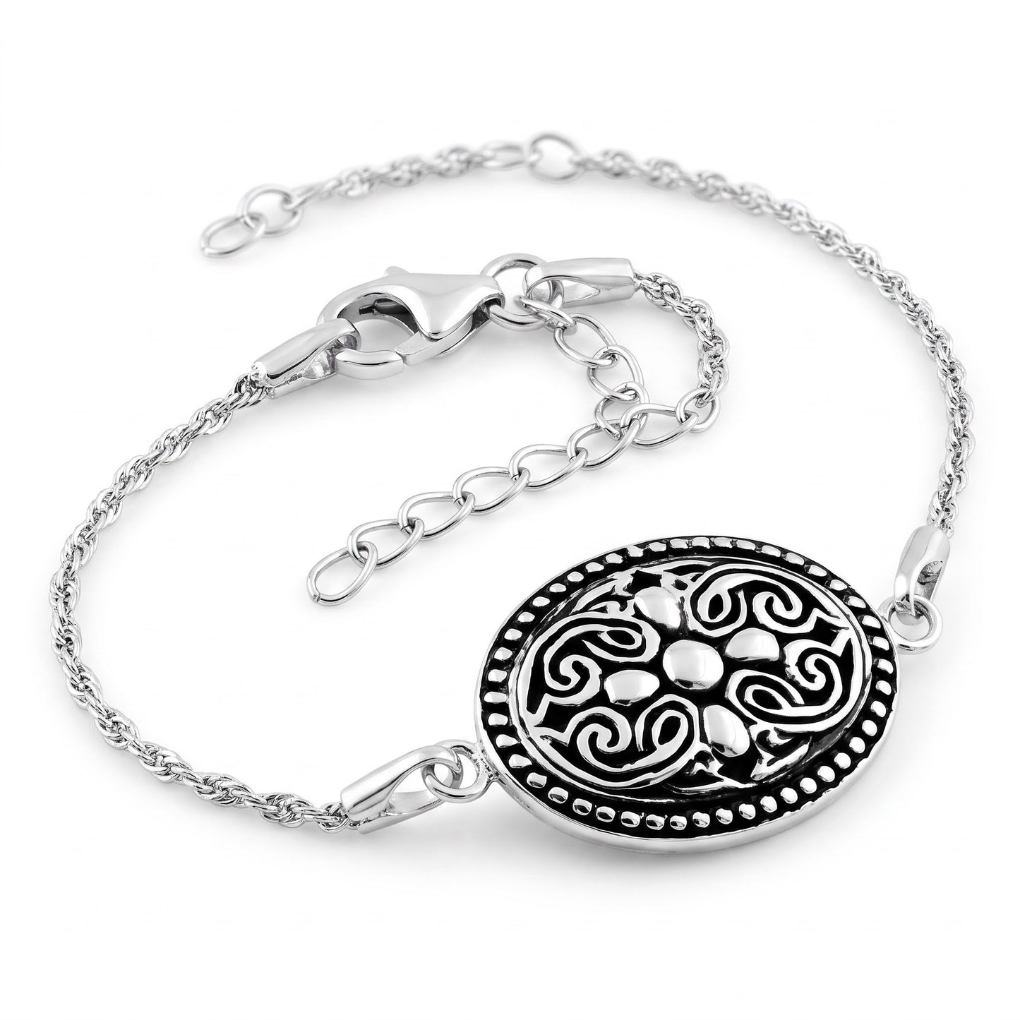 Sterling Silver Vintage Cross Oval Bracelet for Women, Dainty Everyday Jewelry Gift