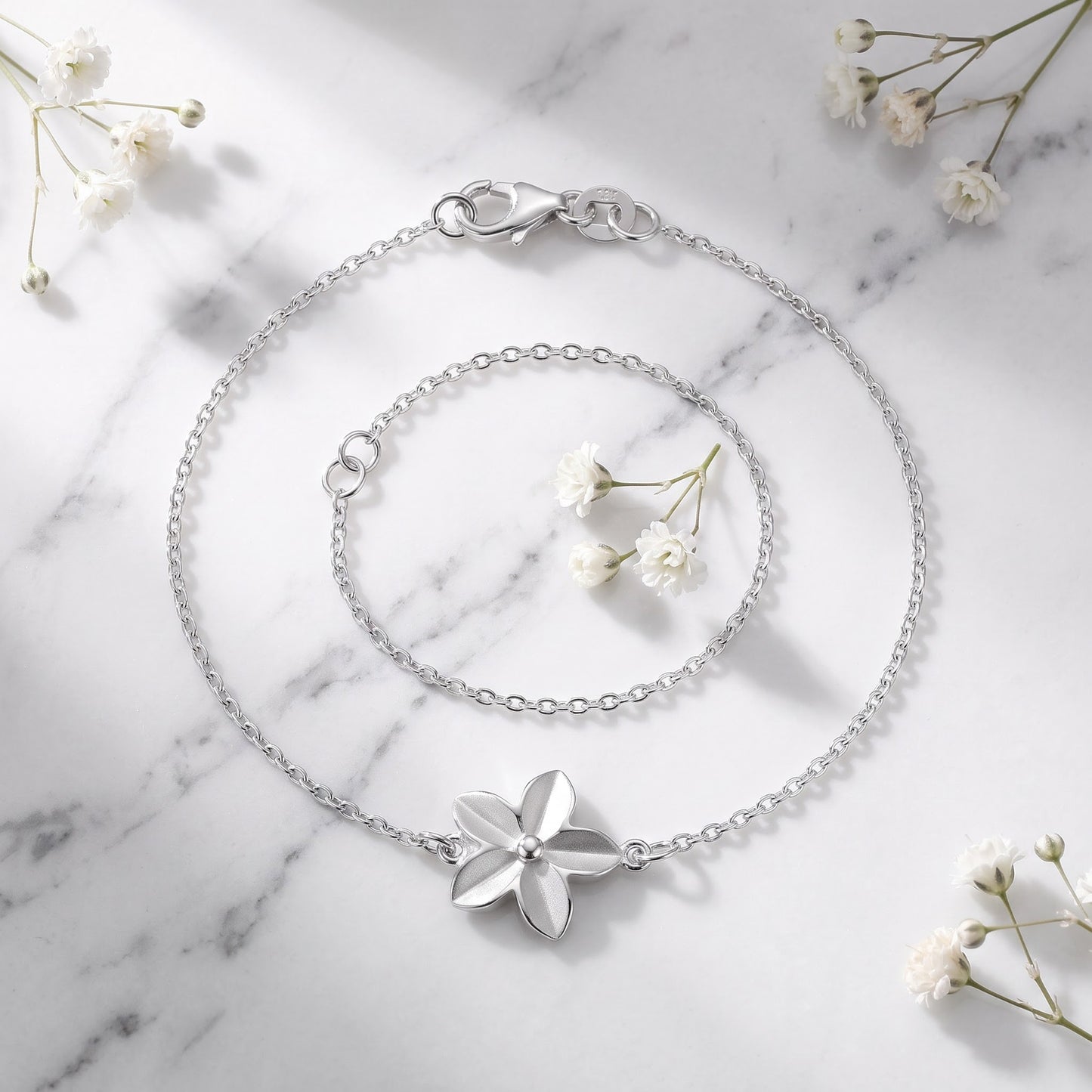 Sterling Silver Plumeria Bracelet for Women, Chain Link, Dainty Everyday Jewelry Gift view 1