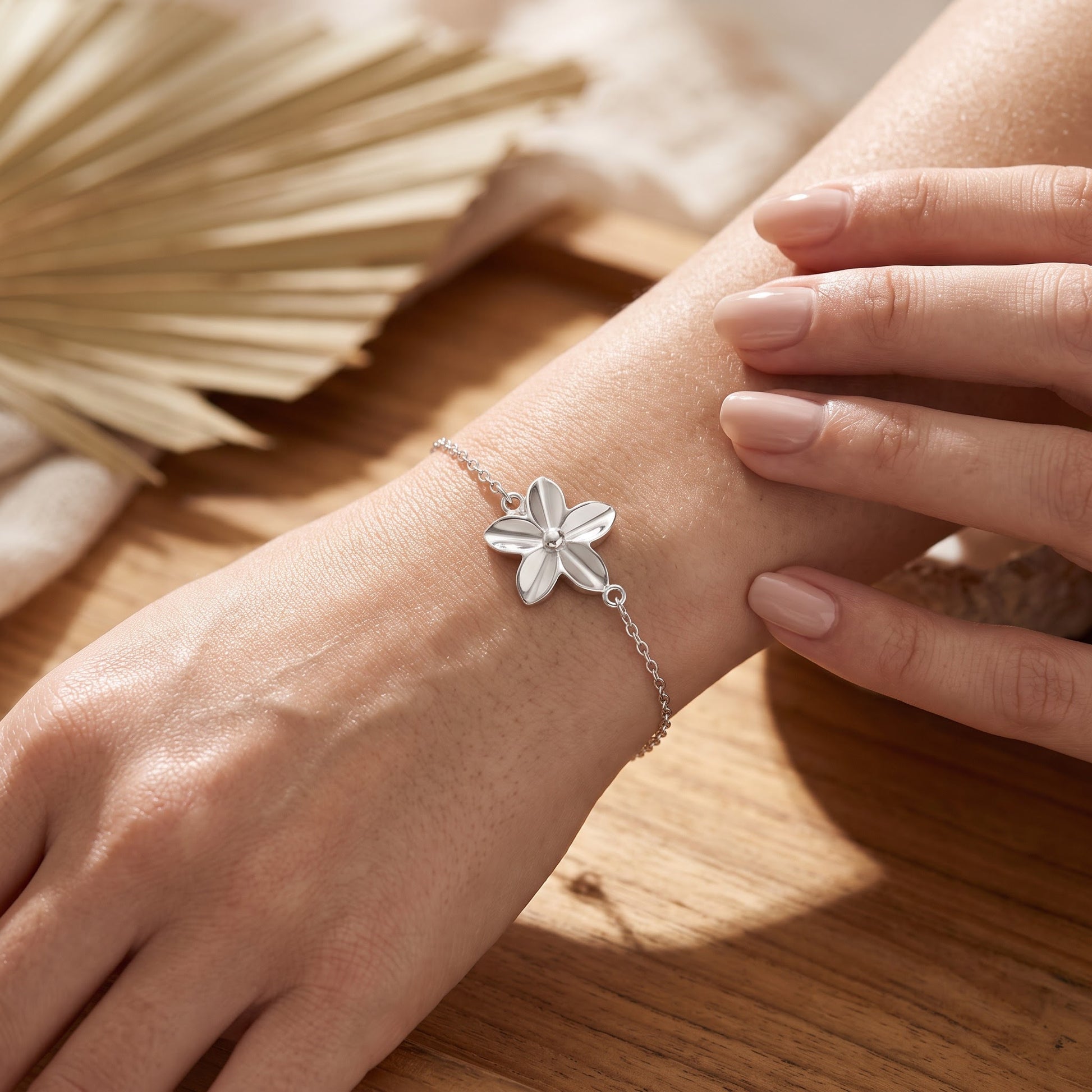 Sterling Silver Plumeria Bracelet for Women, Chain Link, Dainty Everyday Jewelry Gift view 4