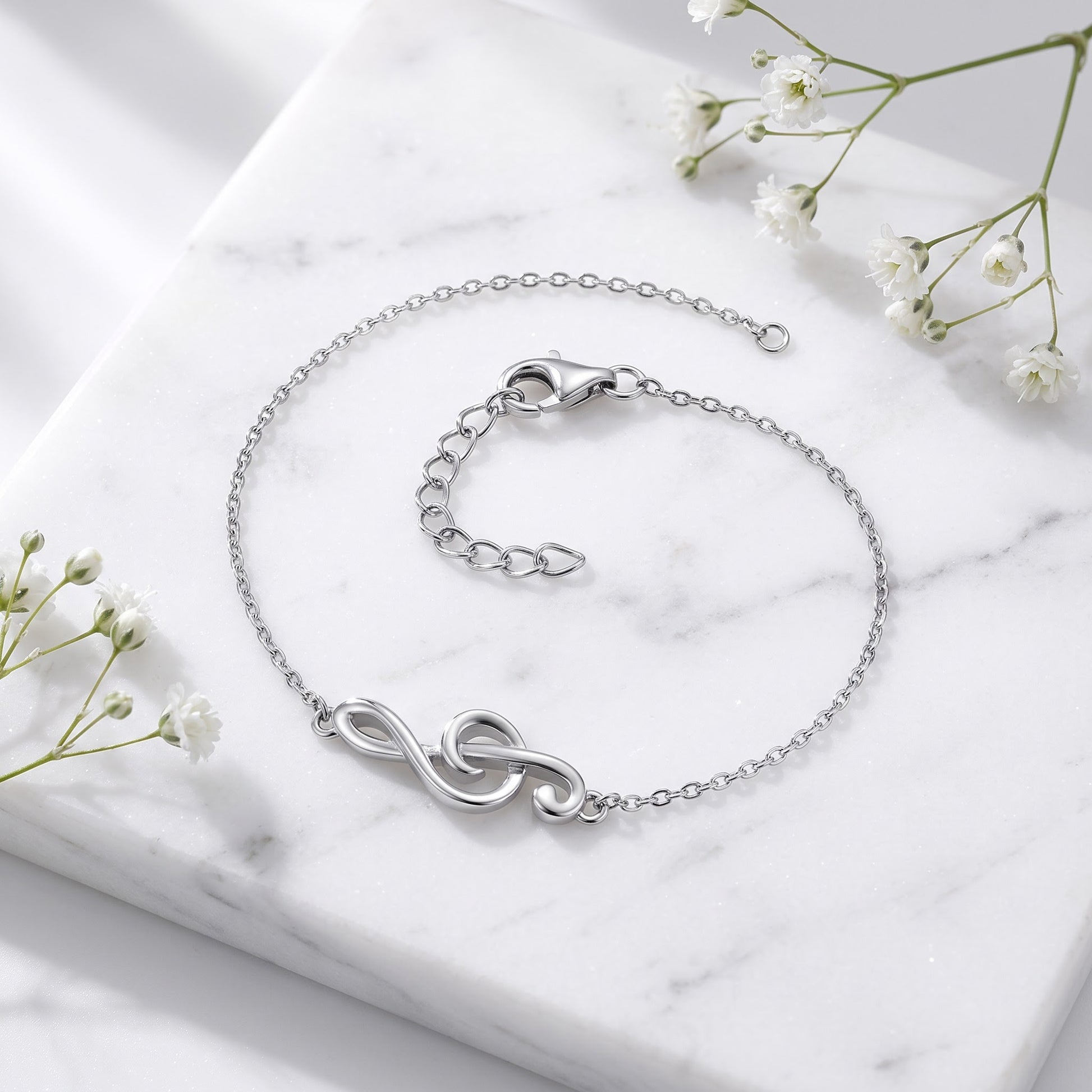 Sterling Silver Treble Clef Music Note Bracelet for Women, Chain Link, Dainty Everyday Jewelry Gift view 1