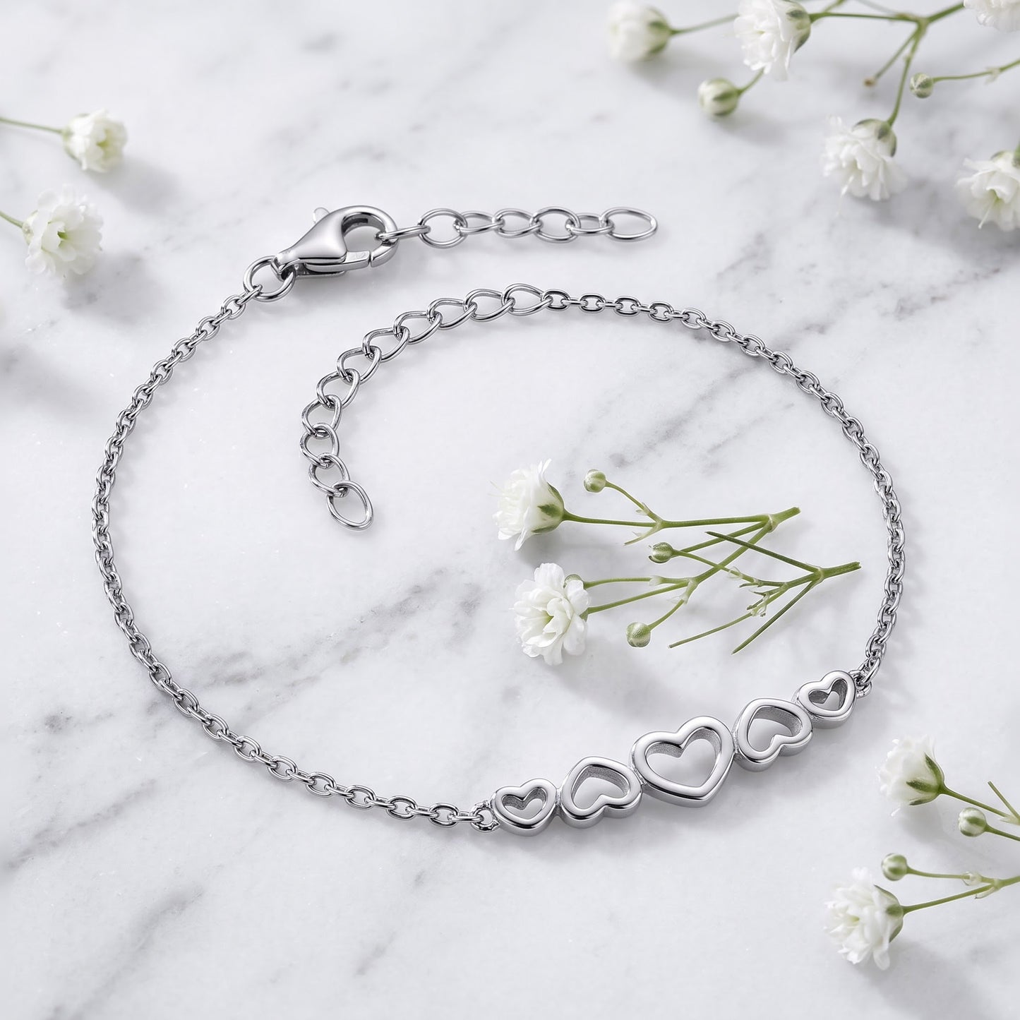 Sterling Silver Hearts Bracelet for Women, Adjustable Chain Link, Dainty Everyday Jewelry Gift view 1