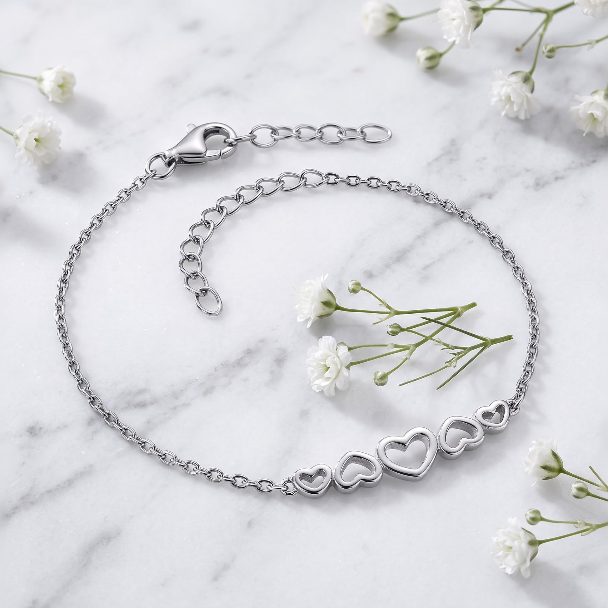 Sterling Silver Hearts Bracelet for Women, Adjustable Chain Link, Dainty Everyday Jewelry Gift view 1